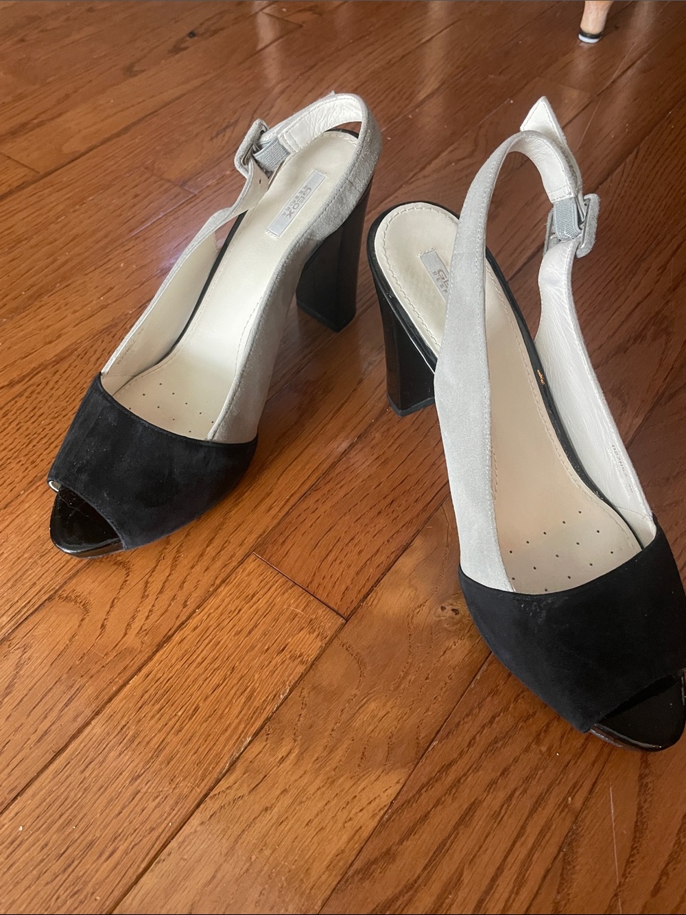 Geox Black Suede & Silver Slingback Block Heels